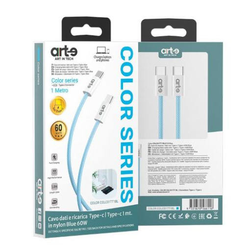 Confezione del cavo USB-C USB-C nylon Blue serie COLOR da 1 metro e 60 W