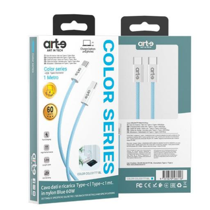 Confezione del cavo USB-C USB-C nylon Blue serie COLOR da 1 metro e 60 W