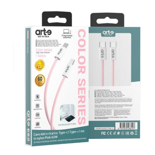 Confezione del cavo USB-C USB-C nylon Pink serie COLOR da 1 metro e 60 W