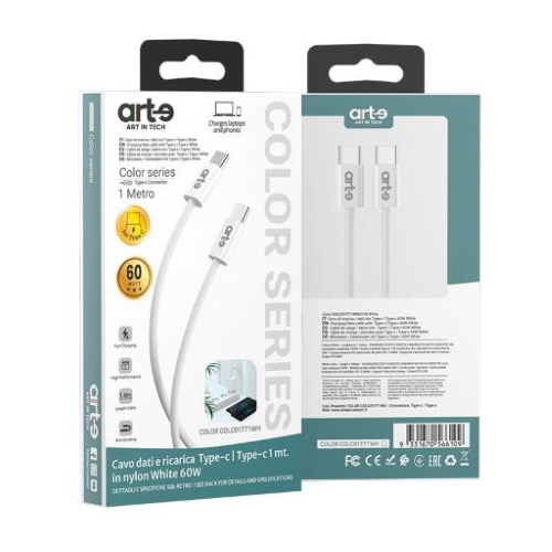 Confezione del cavo USB-C USB-C nylon White serie COLOR da 1 metro e 60 W